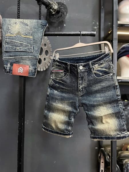 Sort Jean QC- RS2 xanh was túi thêu mạng chỉ