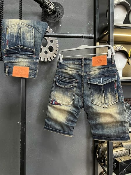 Sort Jean QC- JD695 xanh was túi nắp thêu mạng chỉ màu